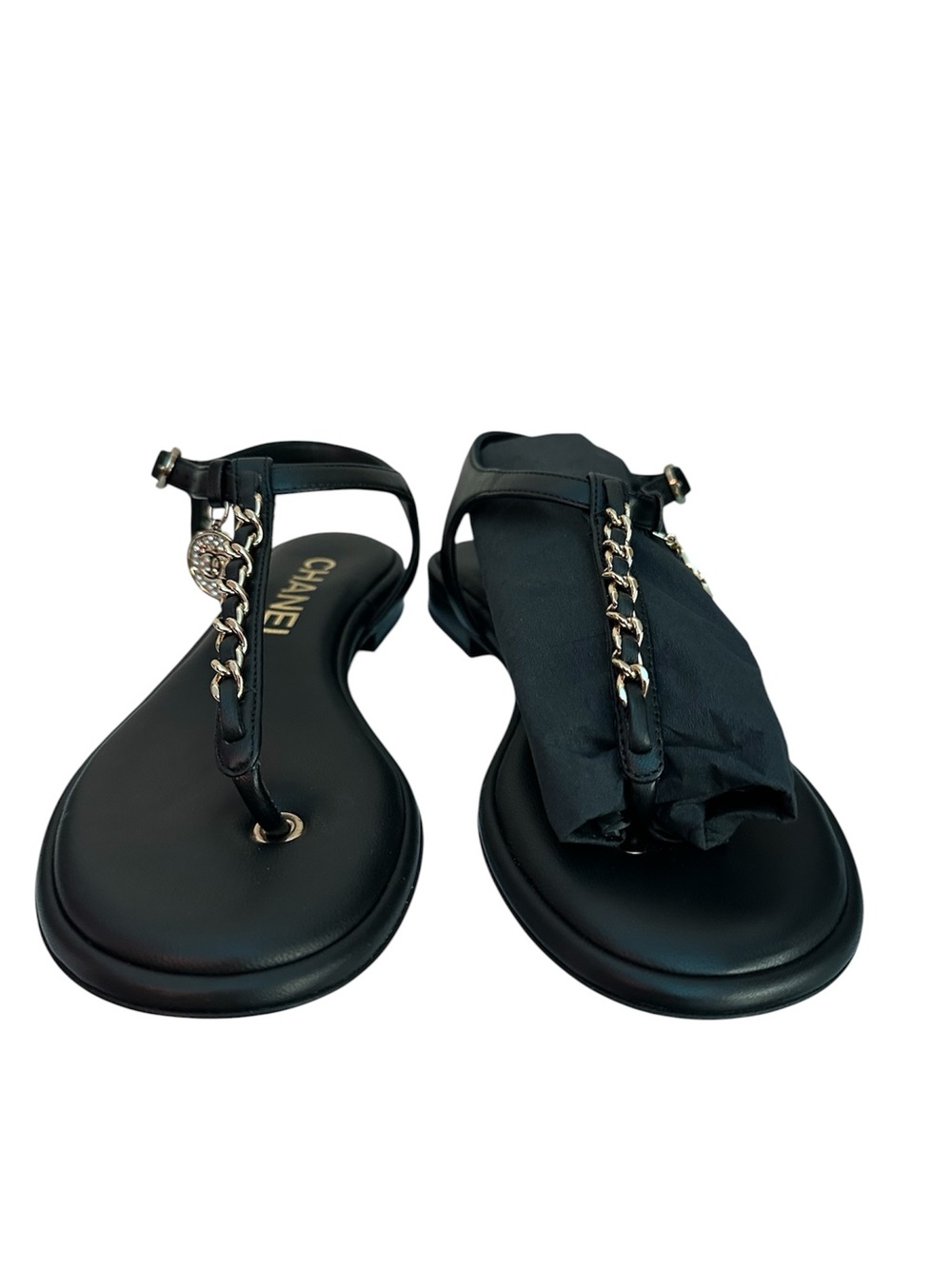 CHANEL Black Leather Chain-Trim T-Strap Flats